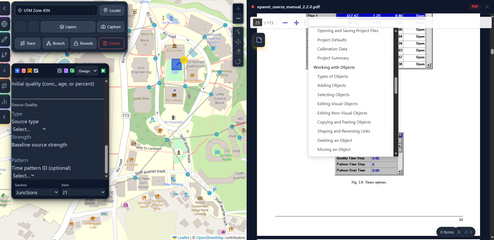 Integrated file viewer showing a PDF reference manual open side-by-side with an EPANET model in the HydroBOA web app