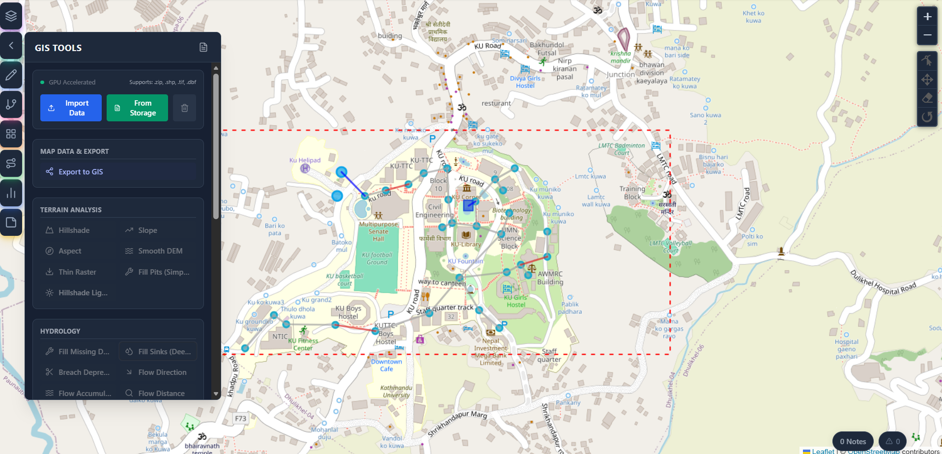 EPANET GIS tools panel for data import and export, terrain analysis, and hydrology functions in HydroBOA