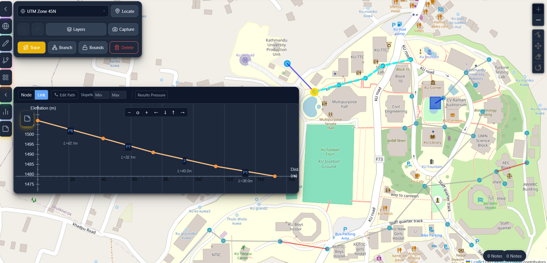 EPANET profile viewer showing hydraulic head and pressure along a selected pipe path with the route highlighted on the network map in HydroBOA