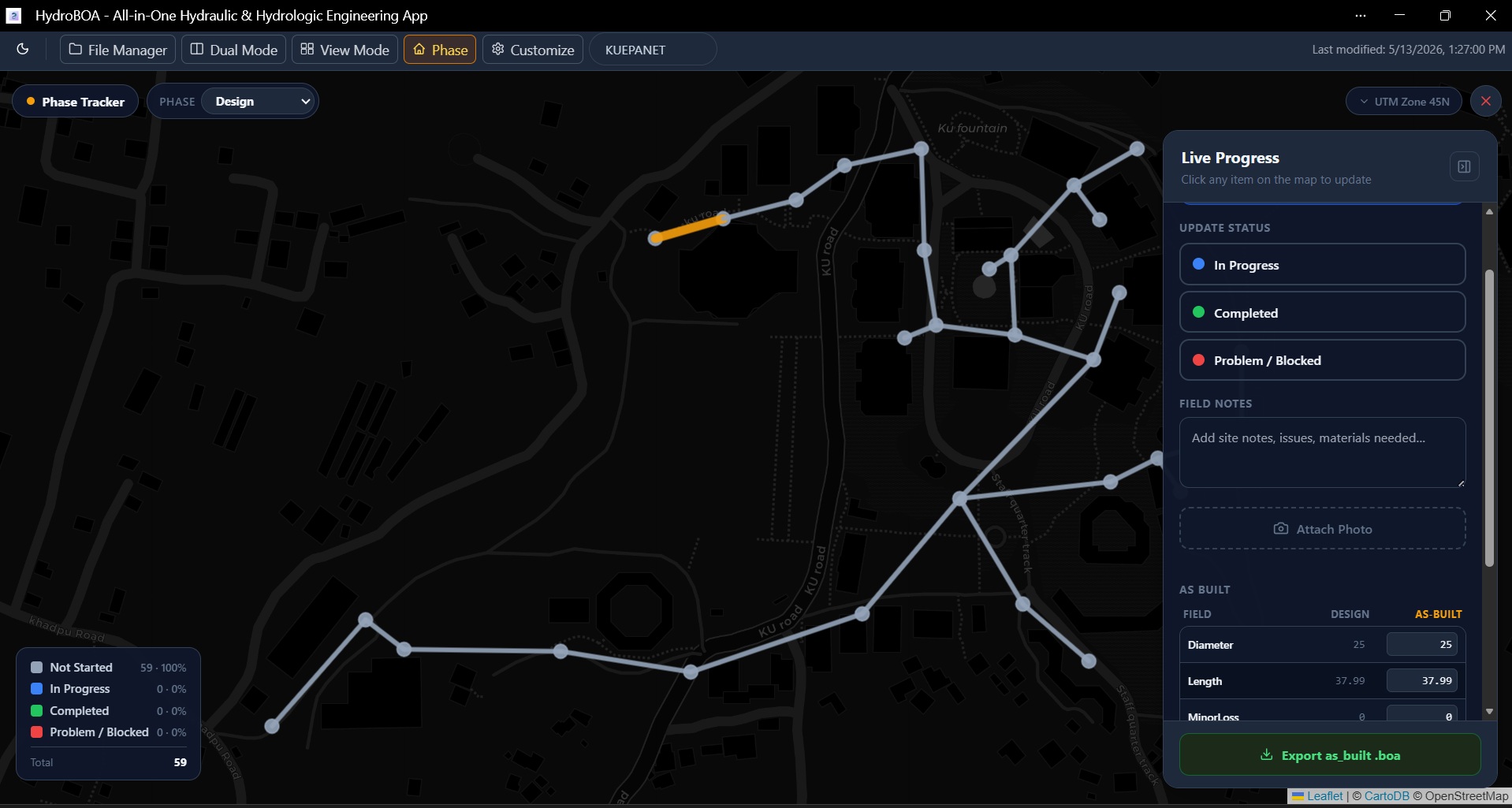Built-in Phase Tracker Built-in phase tracker in HydroBOA with live progress, field notes, and as-built recording for SWMM and EPANET elements through design, construction, and maintenance