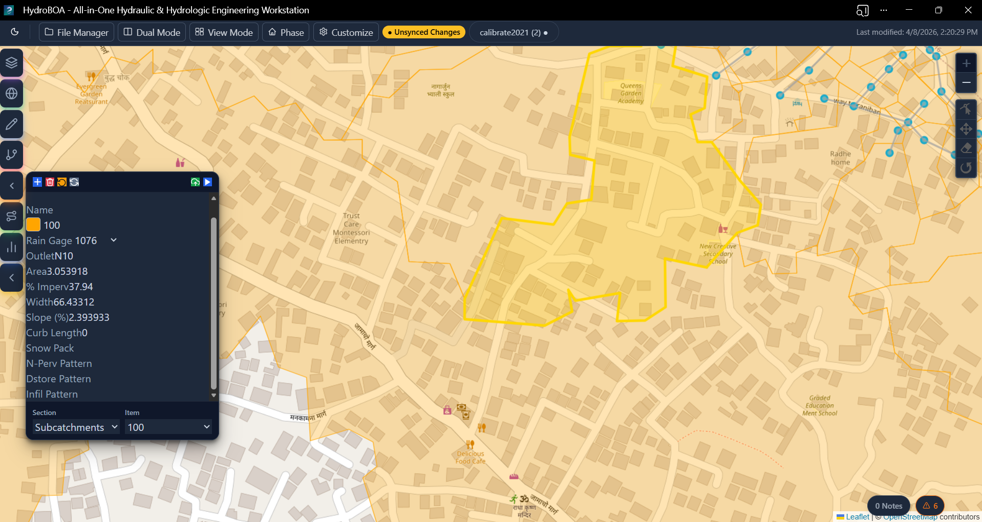 Subcatchment Overlay Subcatchment polygon overlay rendered on a city street map inside the HydroBOA hydraulic modeling app